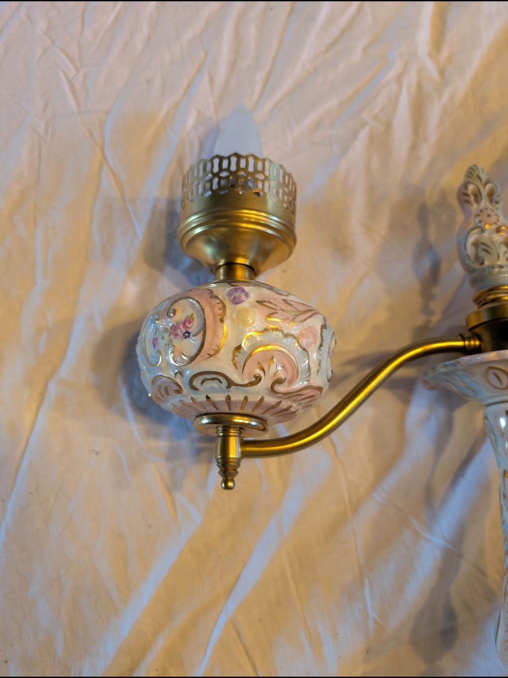 Vintage Porcelain Double Hurricane Lamp with Pink Floral and Gold Accents - Picture 8 of 11